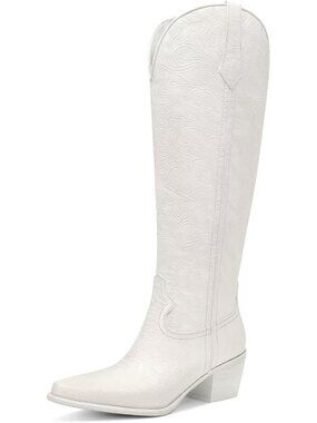 Women's White Rubber Embossed Western Pointed Toe Comfortable Knee High Boots